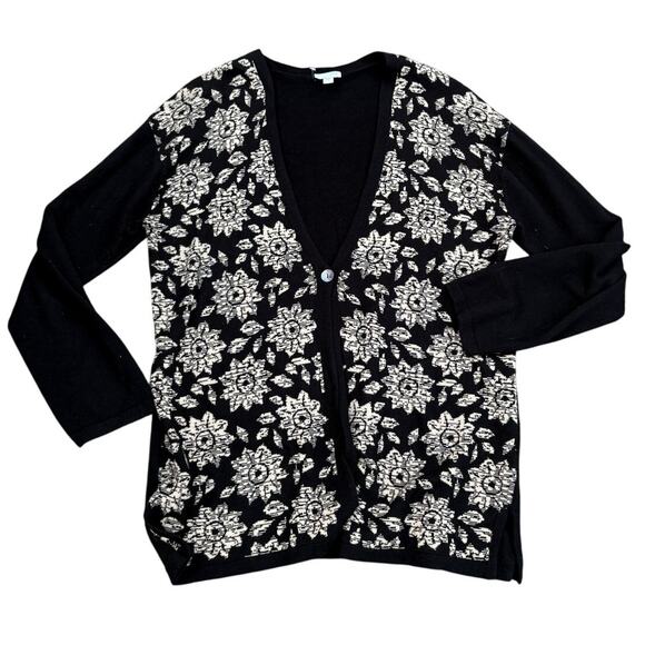 J. Jill Black Floral Cardigan Sweater Size M Cotton Blend - Picture 1 of 3